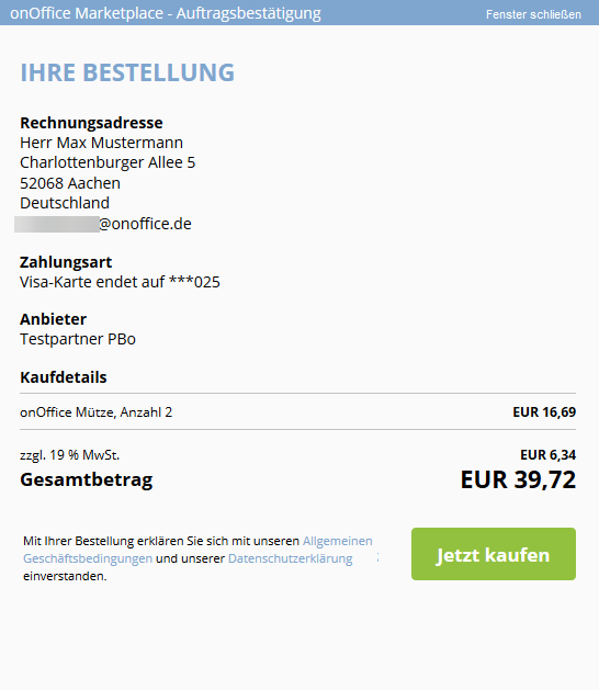 Marketplace Bestellpopup